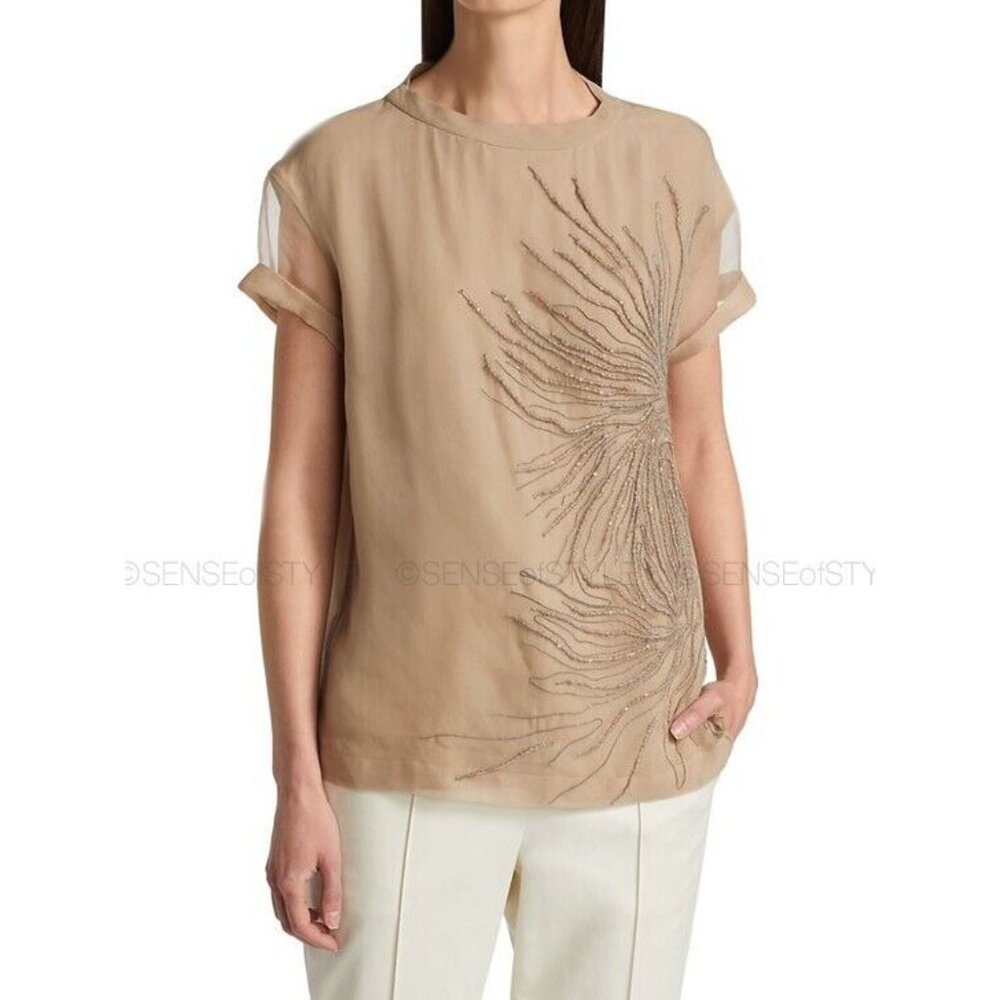 Brunello Cucinelli Silk Top Layered Nude Embroidedred Monili Size XS